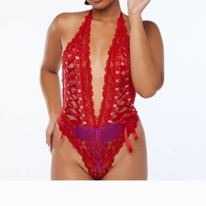 Savage X Fenty Women's Vibrant Red Lace Bodysuit Size Large Valentines ,Sexy